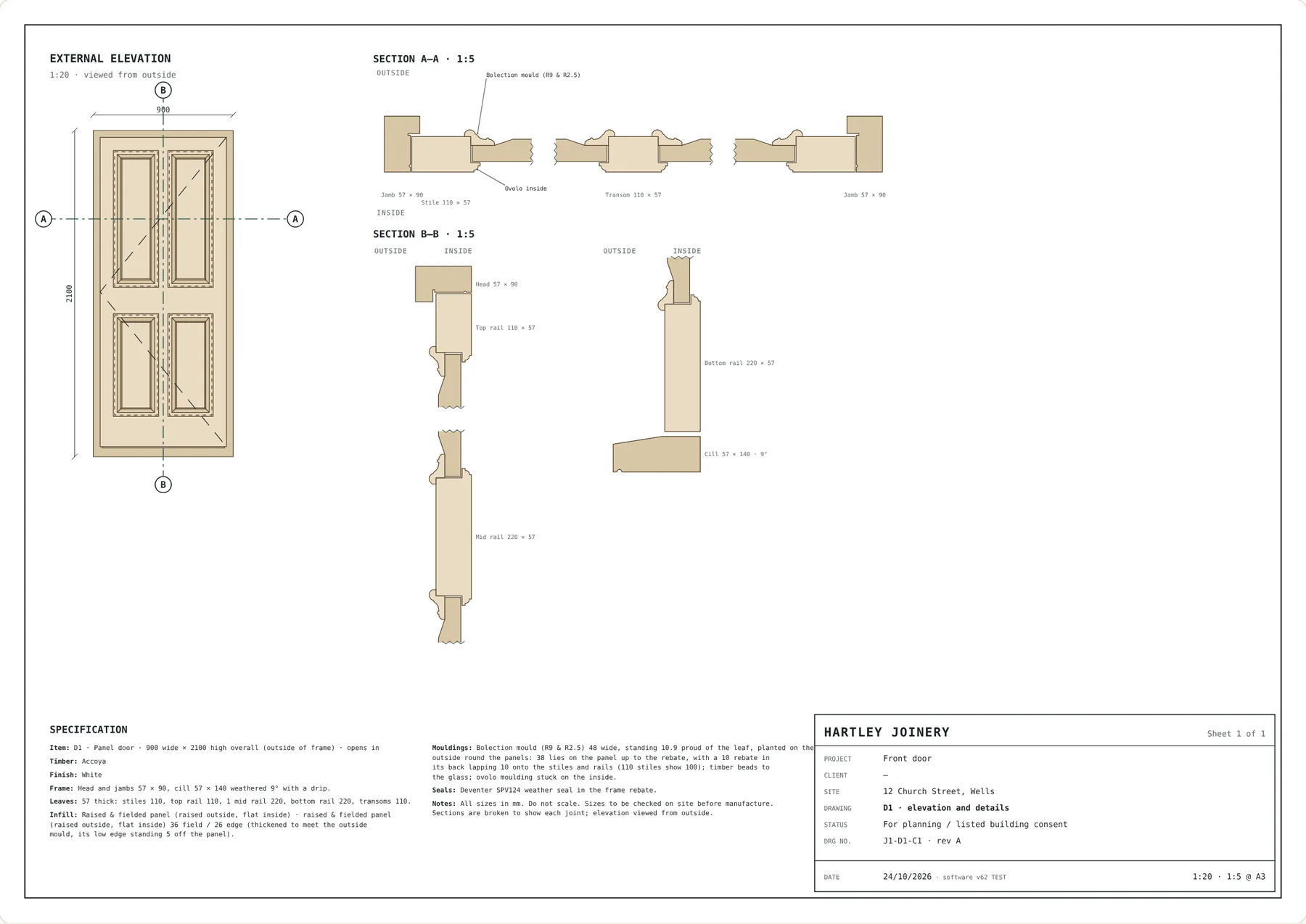 Conservation drawing of a four-panel door: external elevation at 1:20, and sections at 1:5 through the stiles, rails and bolection mouldings, with a written specification and title block