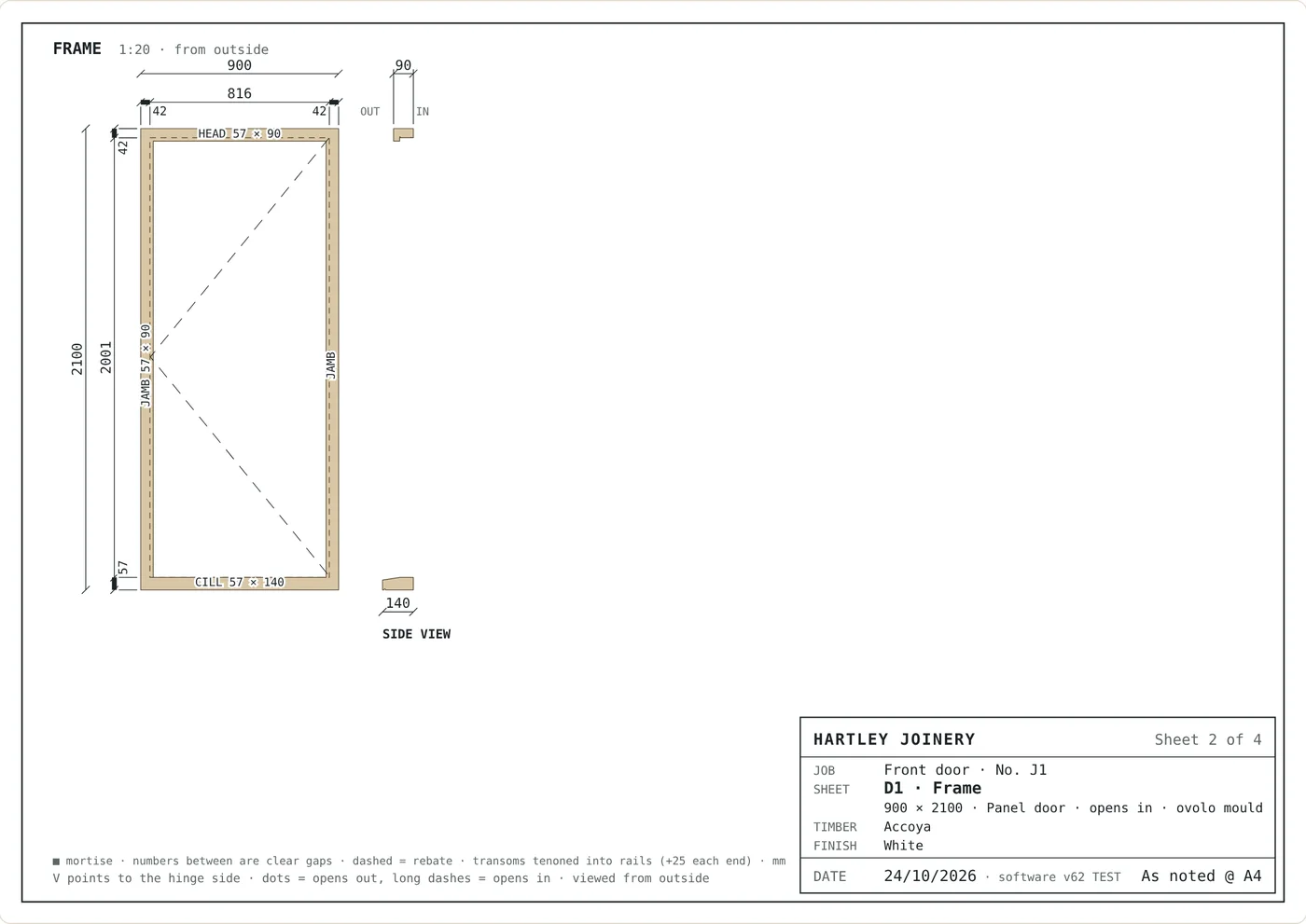 Workshop sheet for the door frame: head, jambs and cill with sizes, and a side view