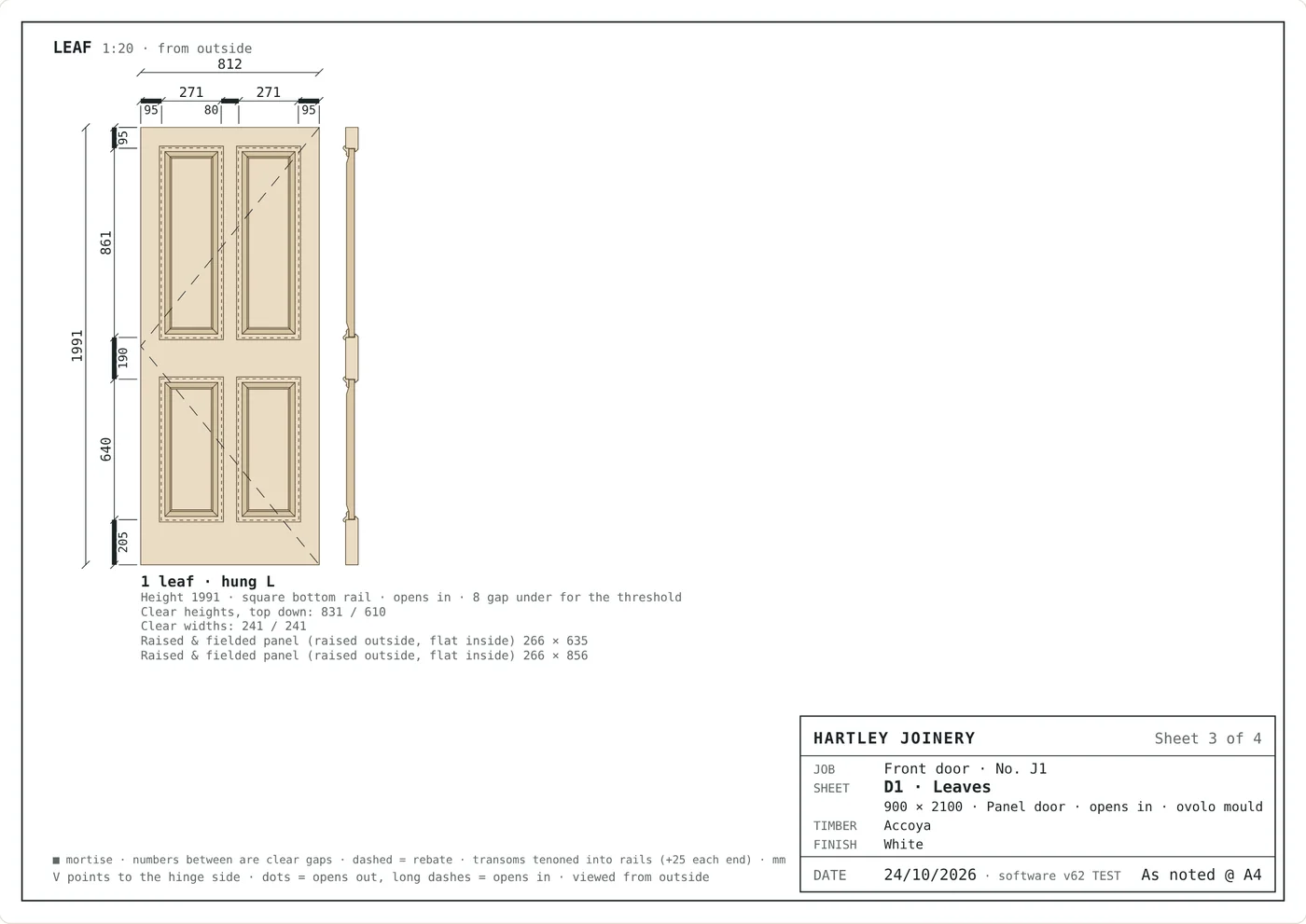 Workshop sheet for the door leaf: stiles, rails and four raised and fielded panels with bolection mouldings, fully dimensioned, with a side view